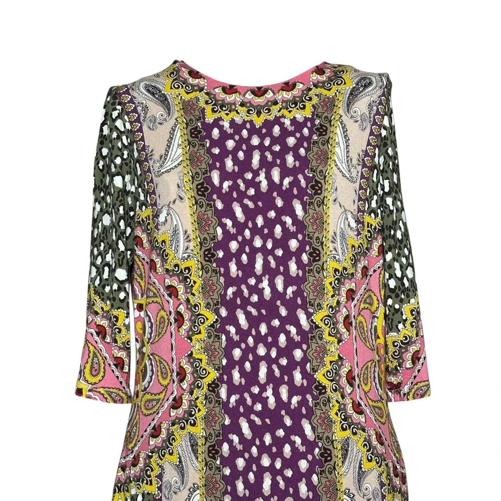 Women’s Fitted Multicolor Patterned Midi Dress - Pink/Purple